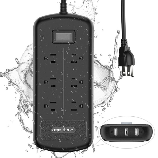 Outdoor Waterproof Power Strip, 6 Outlets 3 USB Ports Weatherproof Plug Strip 9.1ft Extension Cord Surge Protector for Kitchen Bathroom Deck, Wall Mount, Black