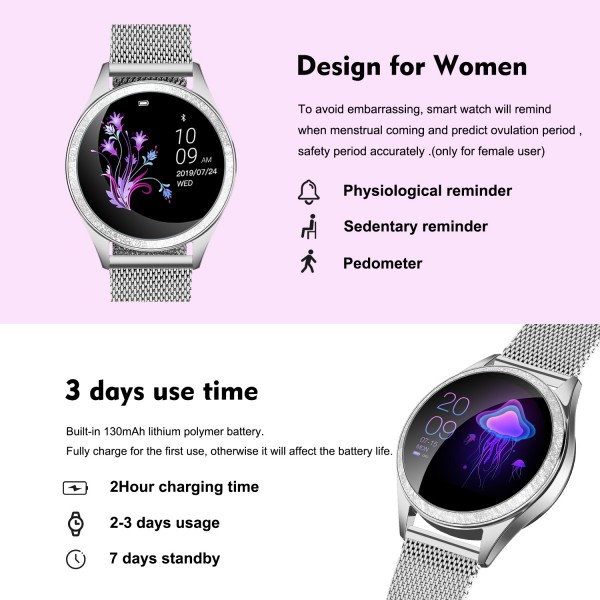 KW20 Smart Watch for Women,Bluetooth Fitness Tracker Compatible with iOS,Android Phone, Female Sport Smartwatch Calorie Counter Pedometer Lady Activity Tracker with Sleep Monitor, Heart Rate Silver